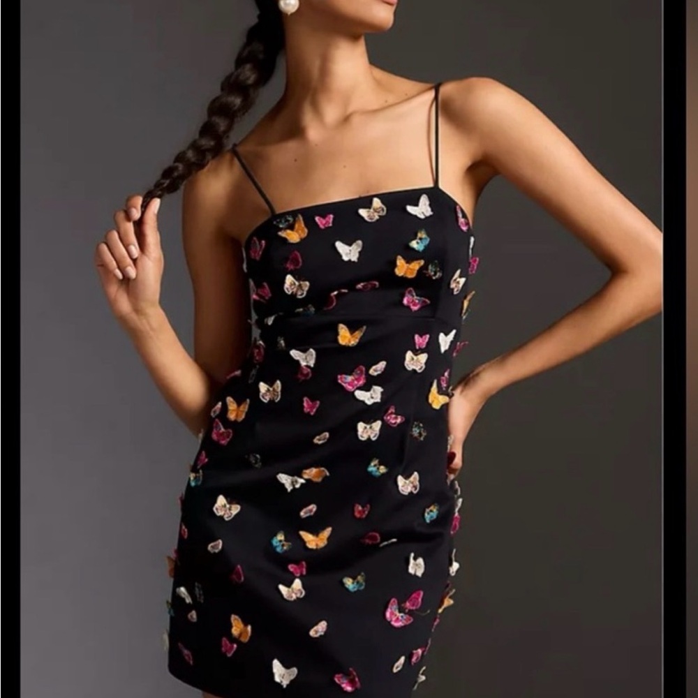 Anthropologie Black Mini Dress with Colorful Butterfly Print